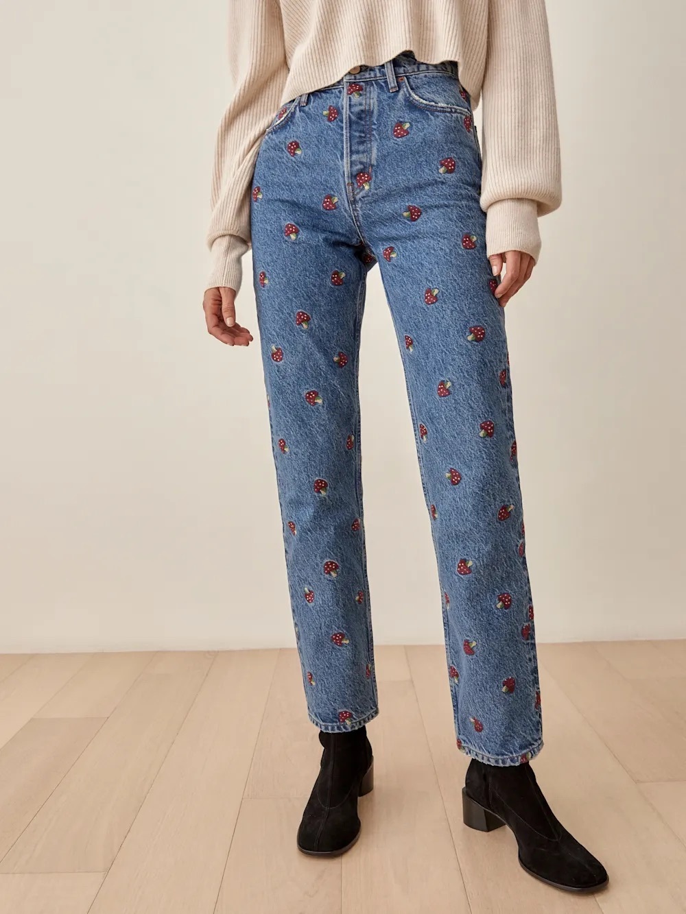 Reformation Blue Denim Straight-Leg Jeans with Mushroom Embroidery